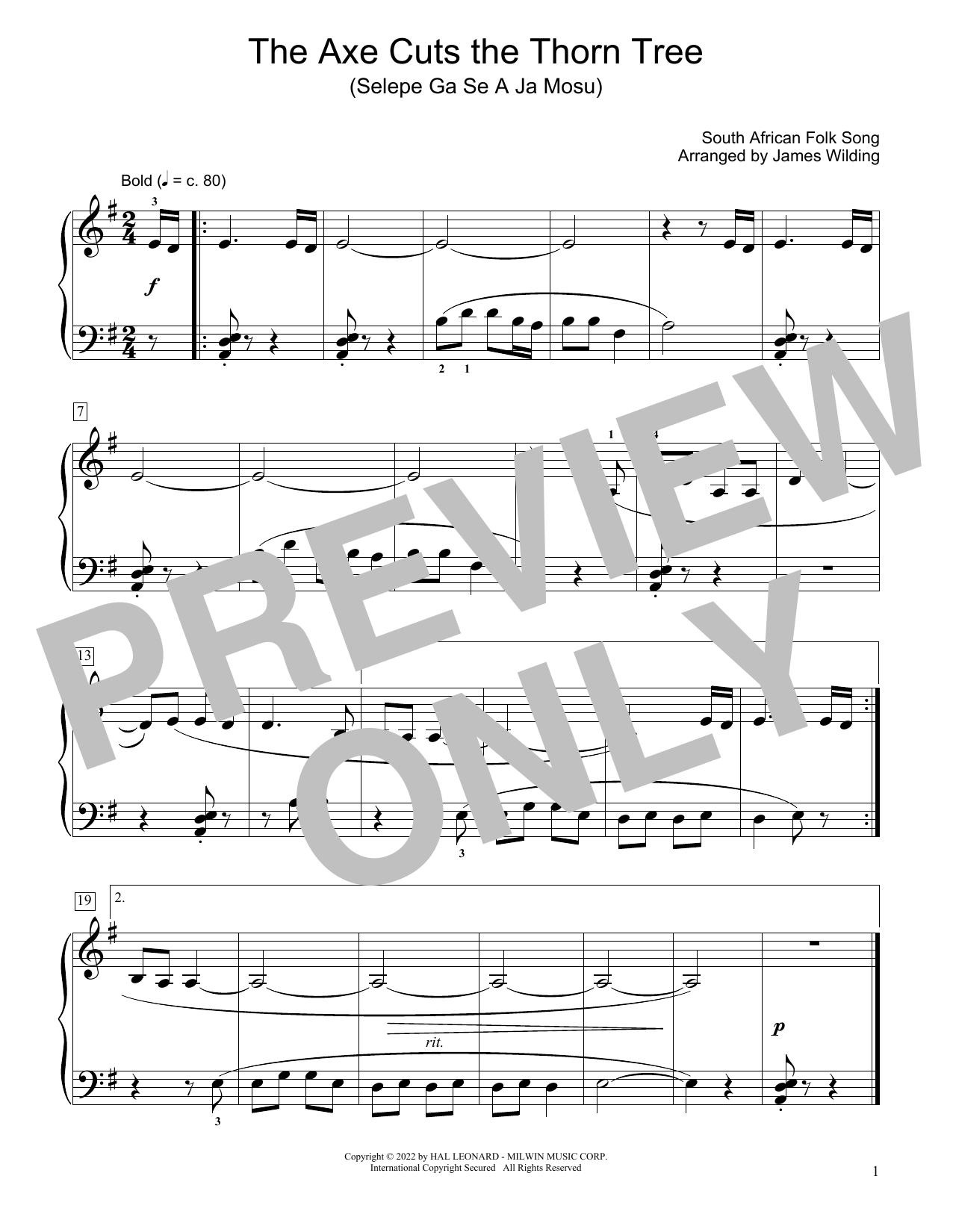 Download South African folk song The Axe Cuts The Thorn Tree (Selepe Ga Se A Ja Mosu) (arr. James Wilding) Sheet Music and learn how to play Educational Piano PDF digital score in minutes