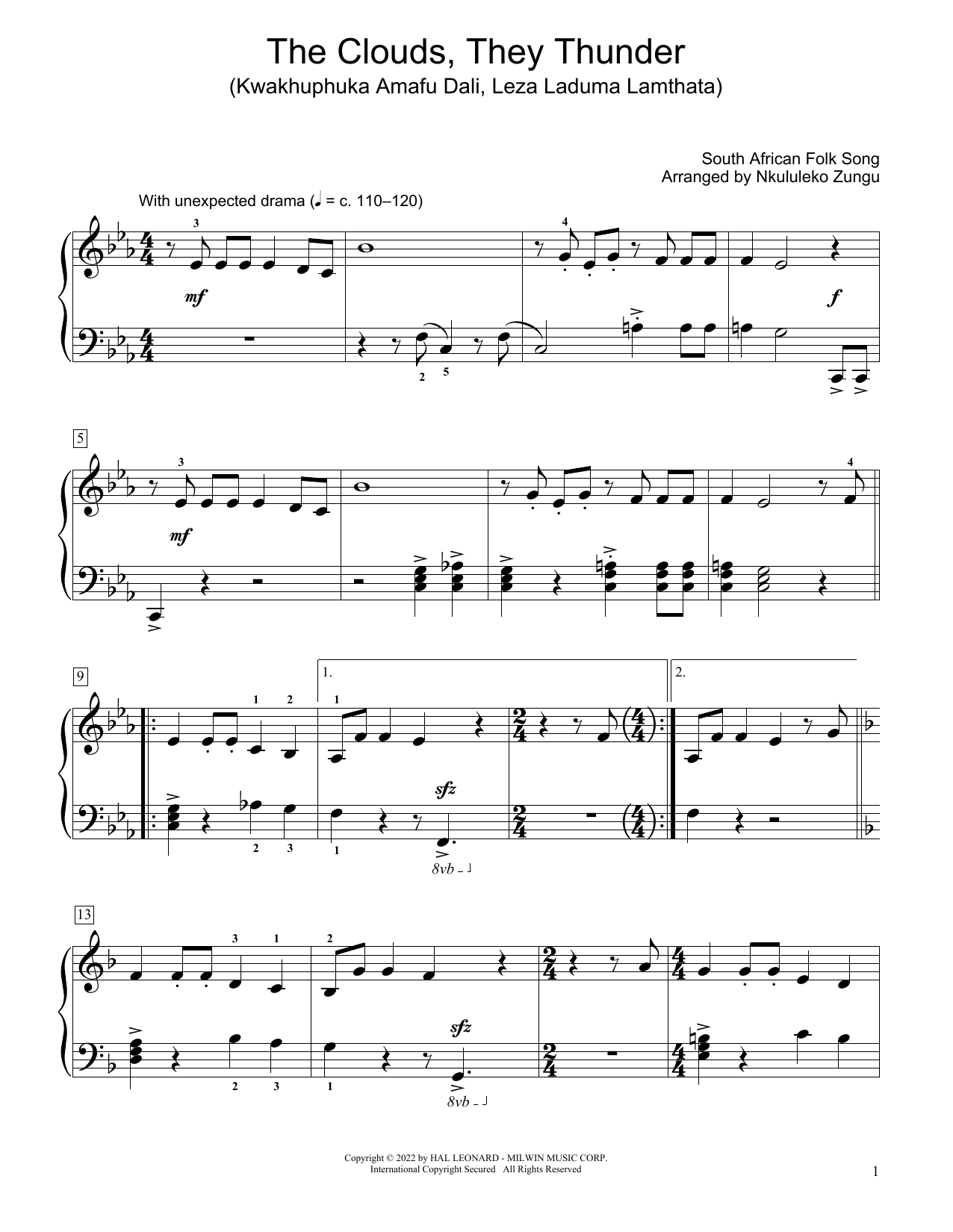 Download South African folk song The Clouds, They Thunder (Kwakhuphuka Amafu Dali, Leza Laduma Lamthata) (arr. Nk Sheet Music and learn how to play Educational Piano PDF digital score in minutes