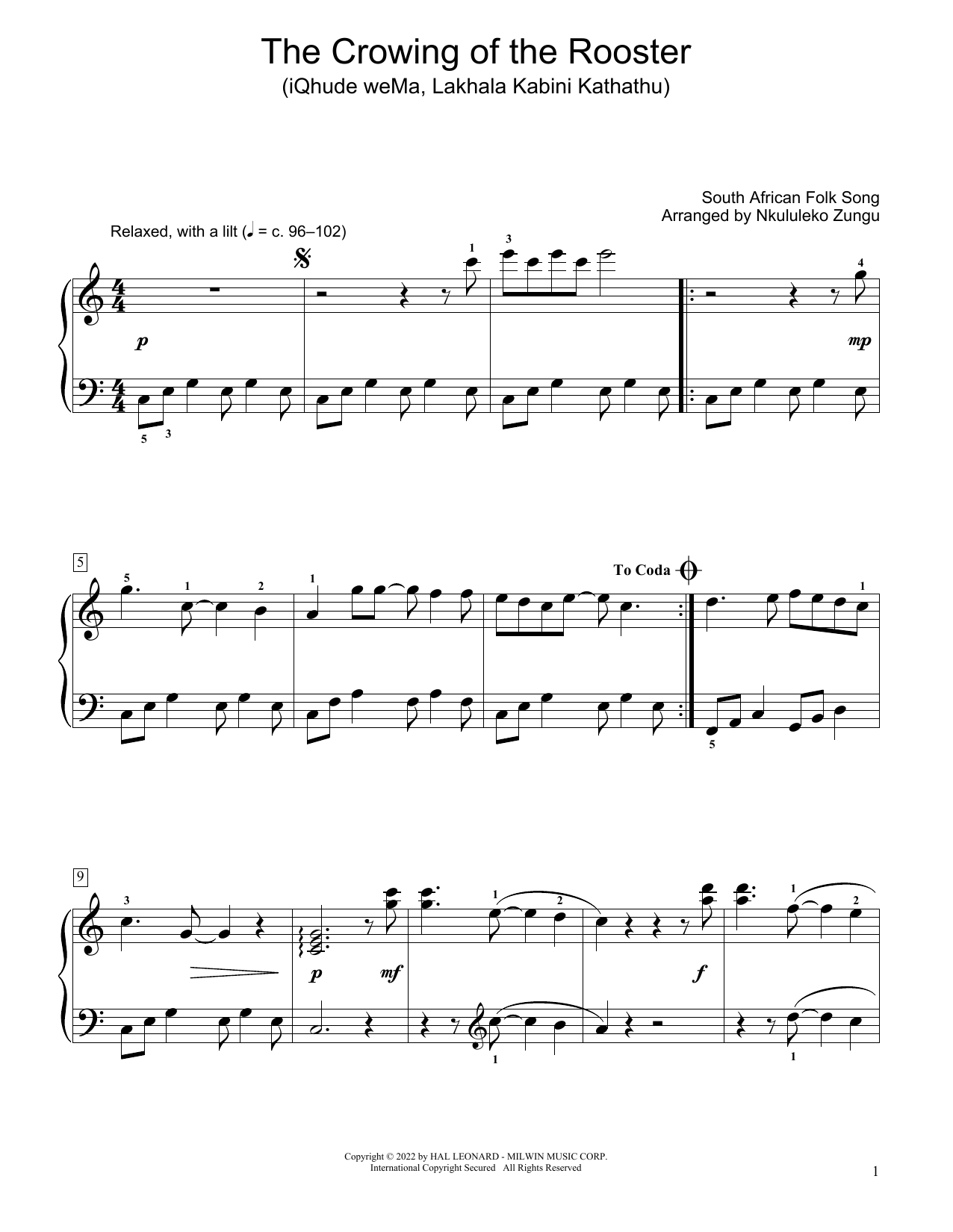 Download South African folk song The Crowing Of The Rooster (Iqhude Wema, Lakhala Kabini Kathathu) (arr. Nkululek Sheet Music and learn how to play Educational Piano PDF digital score in minutes