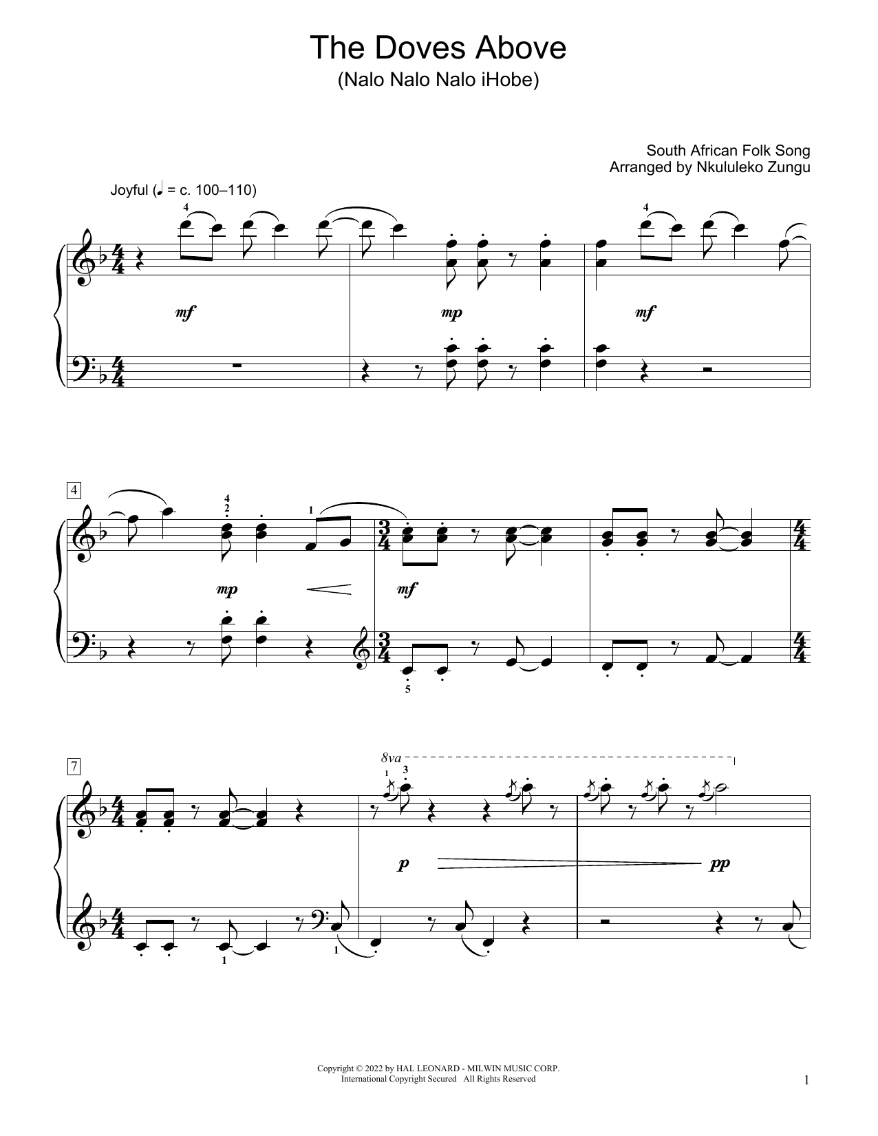 Download South African folk song The Doves Above (Nalo Nalo Nalo Ihobe) (arr. Nkululeko Zungu) Sheet Music and learn how to play Educational Piano PDF digital score in minutes