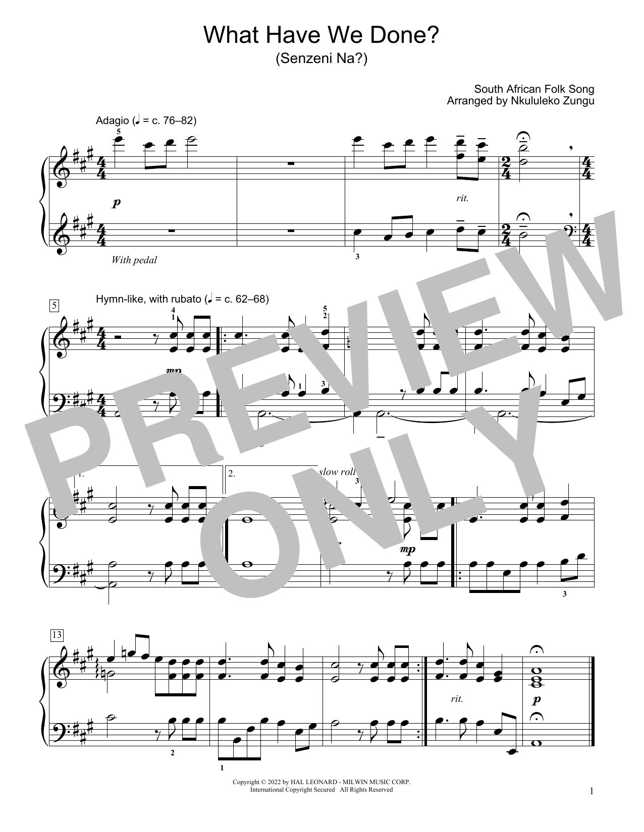 Download South African folk song What Have We Done? (Senzeni Na?) (arr. Nkululeko Zungu) Sheet Music and learn how to play Educational Piano PDF digital score in minutes