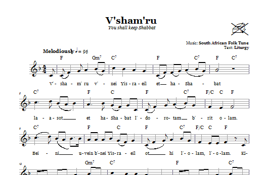Download South African Folk Tune V'sham'ru (You Shall Keep Shabbat) Sheet Music and learn how to play Melody Line, Lyrics & Chords PDF digital score in minutes