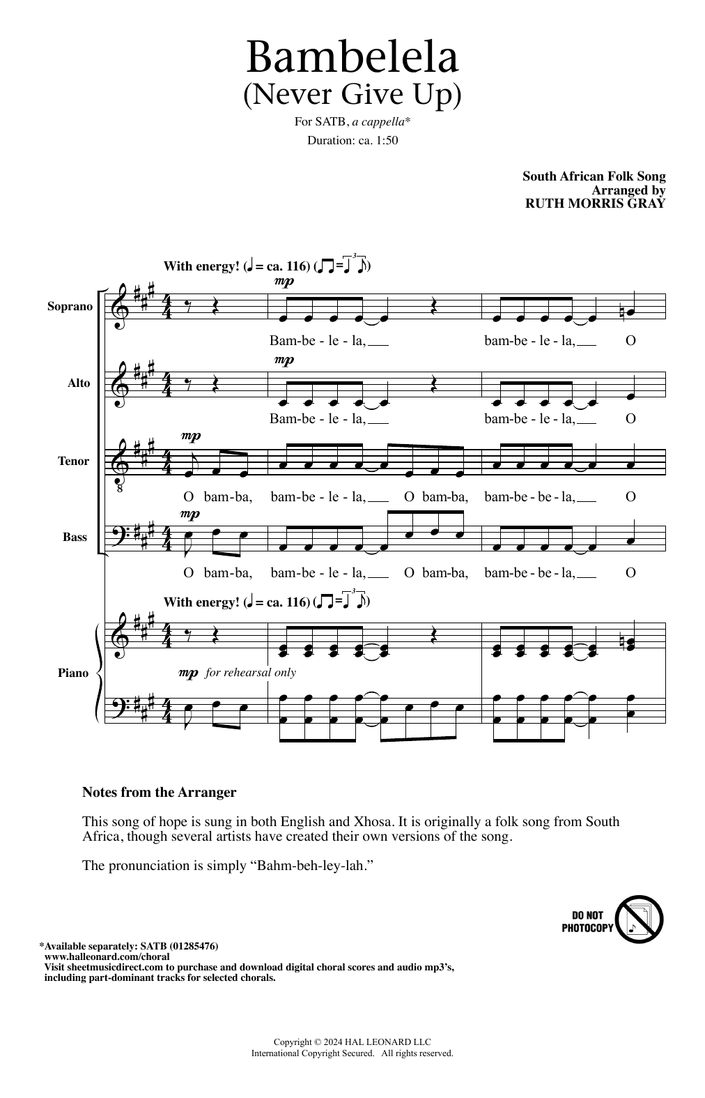 Download South African Folksong Bambelela (Never Give Up) (arr. Ruth Morris Gray) Sheet Music and learn how to play SATB Choir PDF digital score in minutes