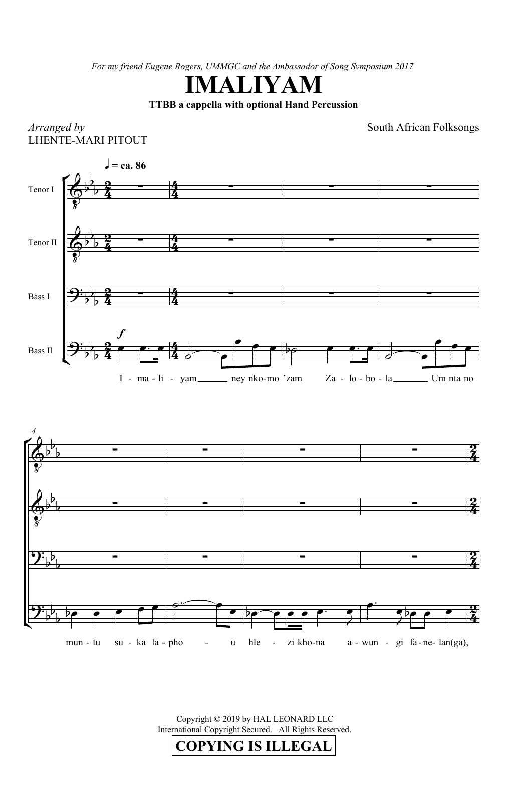 Download South African Folksong Imaliyam (arr. Lhente-Mari Pitout) Sheet Music and learn how to play TTBB Choir PDF digital score in minutes