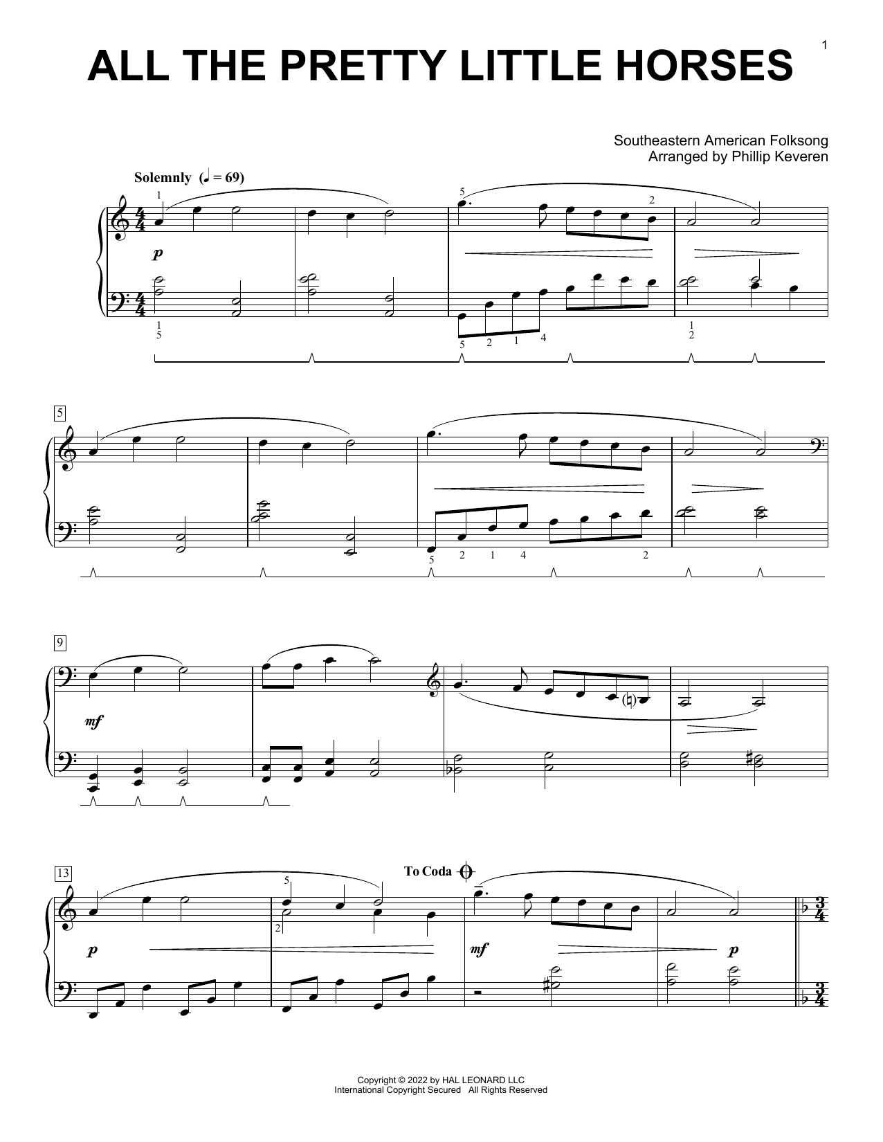 Download Southeastern American Folksong All The Pretty Little Horses (arr. Phillip Keveren) Sheet Music and learn how to play Piano Solo PDF digital score in minutes