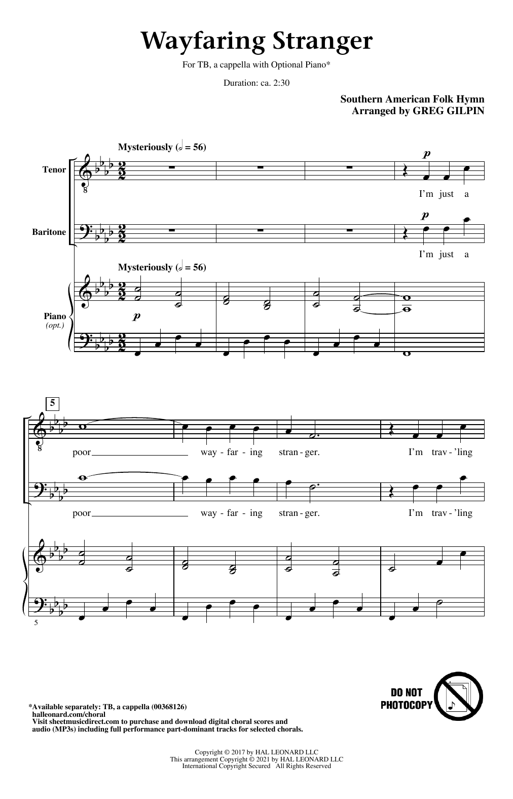 Download Southern American Folk Hymn Wayfaring Stranger (arr. Greg Gilpin) Sheet Music and learn how to play TB Choir PDF digital score in minutes