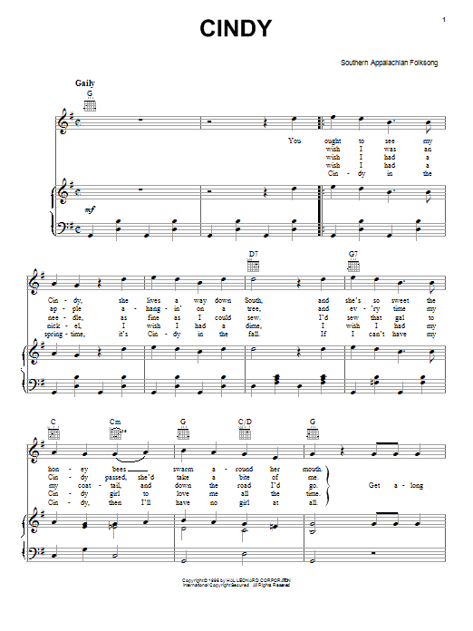 Download Traditional American Folk Song Cindy, Get On Board! Sheet Music and learn how to play Piano, Vocal & Guitar (Right-Hand Melody) PDF digital score in minutes