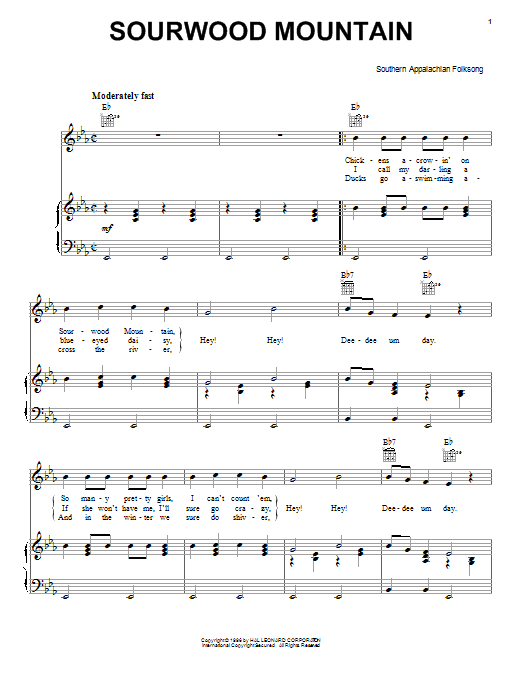 Download Traditional American Folk Song Sourwood Mountain Sheet Music and learn how to play Piano, Vocal & Guitar (Right-Hand Melody) PDF digital score in minutes