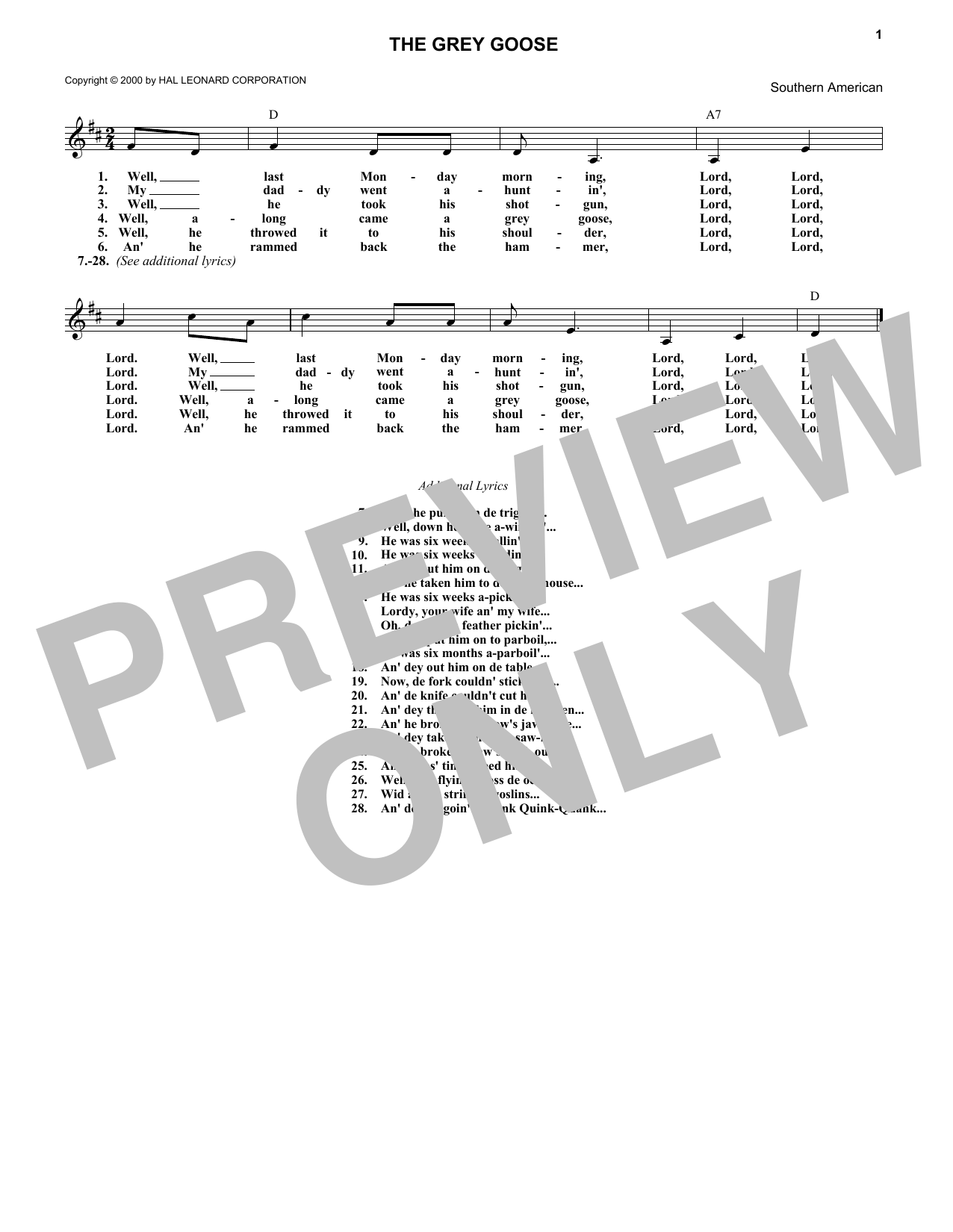 Download Southern Folksong The Grey Goose Sheet Music and learn how to play Melody Line, Lyrics & Chords PDF digital score in minutes