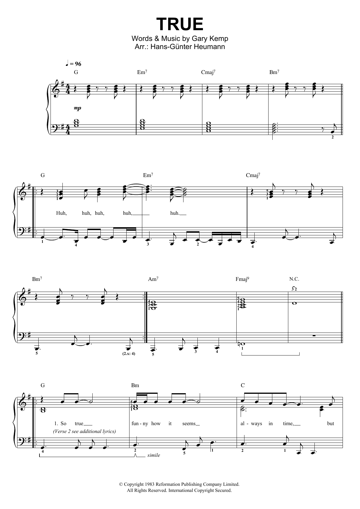 Download Spandau Ballet True Sheet Music and learn how to play Lyrics & Chords PDF digital score in minutes