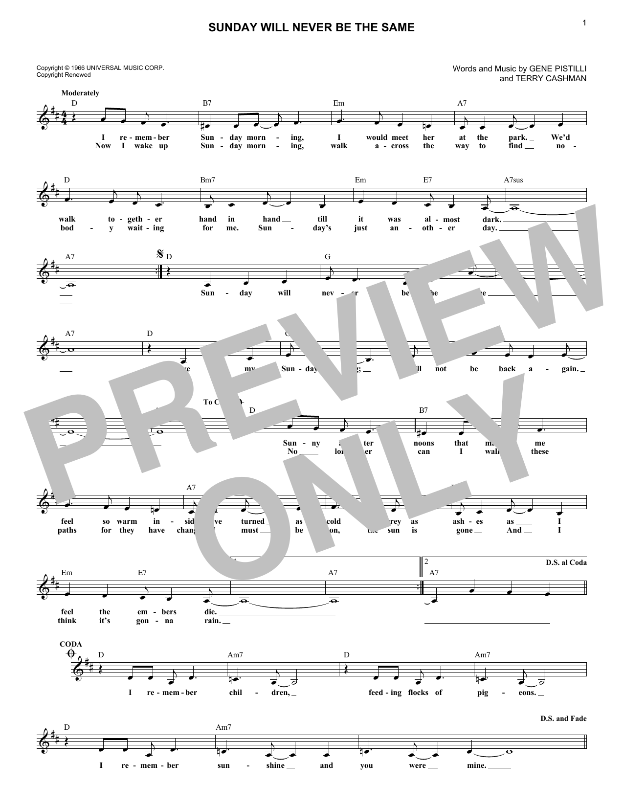 Download Spanky & Our Gang Sunday Will Never Be The Same Sheet Music and learn how to play Melody Line, Lyrics & Chords PDF digital score in minutes