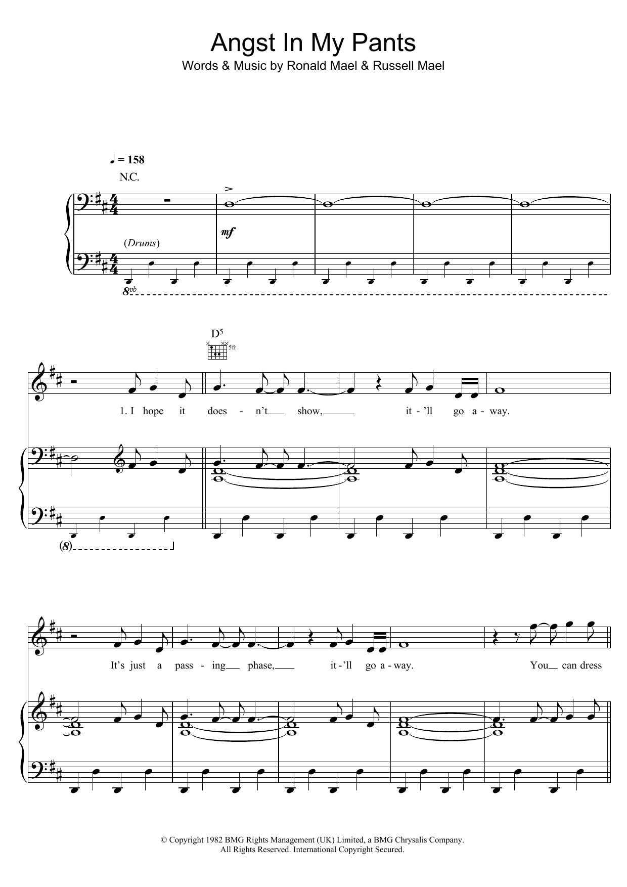Download Sparks Angst In My Pants Sheet Music and learn how to play Piano, Vocal & Guitar (Right-Hand Melody) PDF digital score in minutes