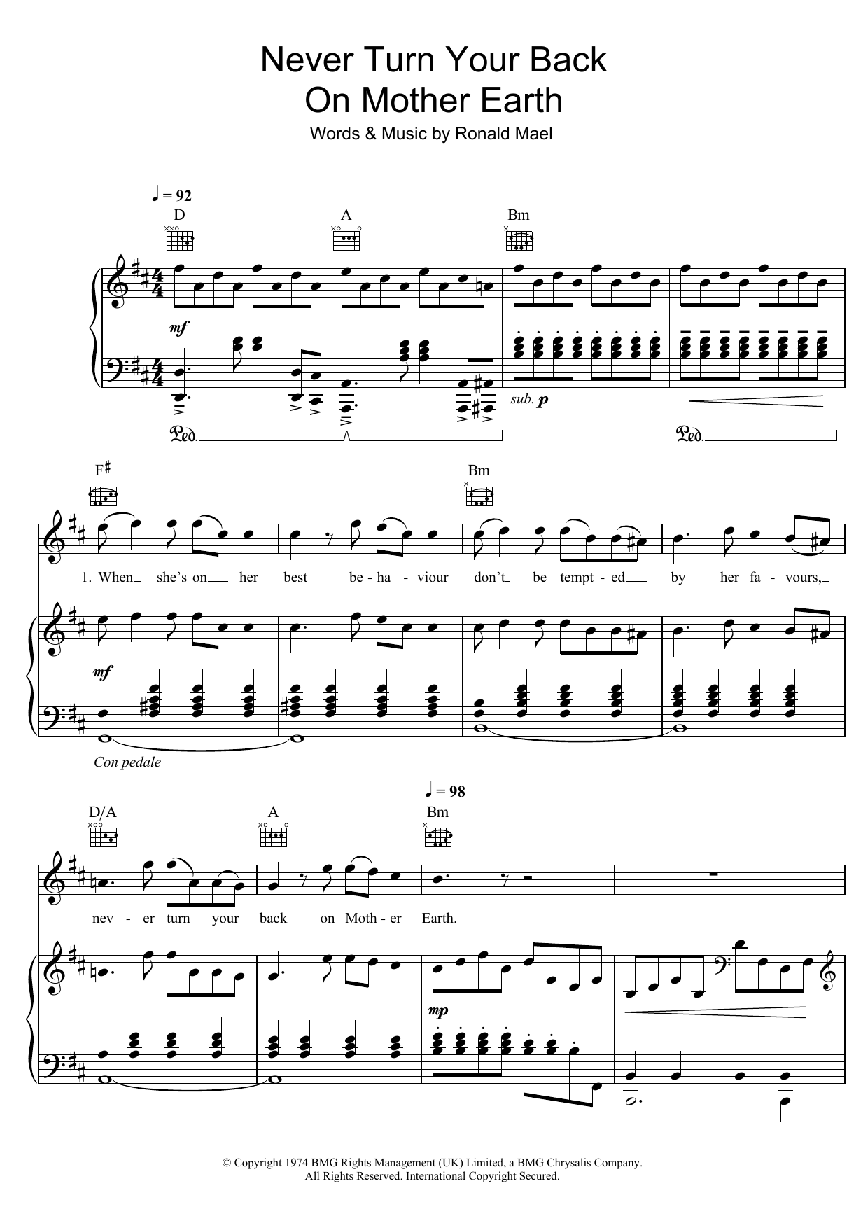 Download Sparks Never Turn Your Back On Mother Earth Sheet Music and learn how to play Piano, Vocal & Guitar (Right-Hand Melody) PDF digital score in minutes