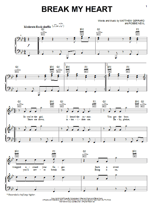 Download Spectacular! (Movie) Break My Heart Sheet Music and learn how to play Piano, Vocal & Guitar (Right-Hand Melody) PDF digital score in minutes