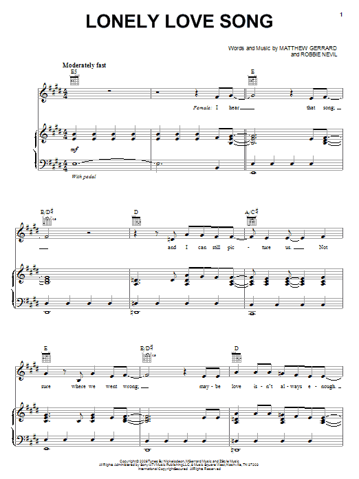 Download Spectacular! (Movie) Lonely Love Song Sheet Music and learn how to play Piano, Vocal & Guitar (Right-Hand Melody) PDF digital score in minutes