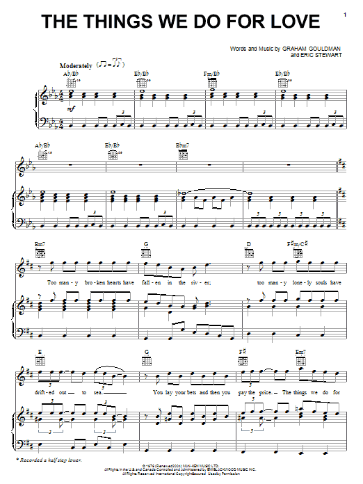 Download Spectacular! (Movie) Things We Do For Love Sheet Music and learn how to play Piano, Vocal & Guitar (Right-Hand Melody) PDF digital score in minutes