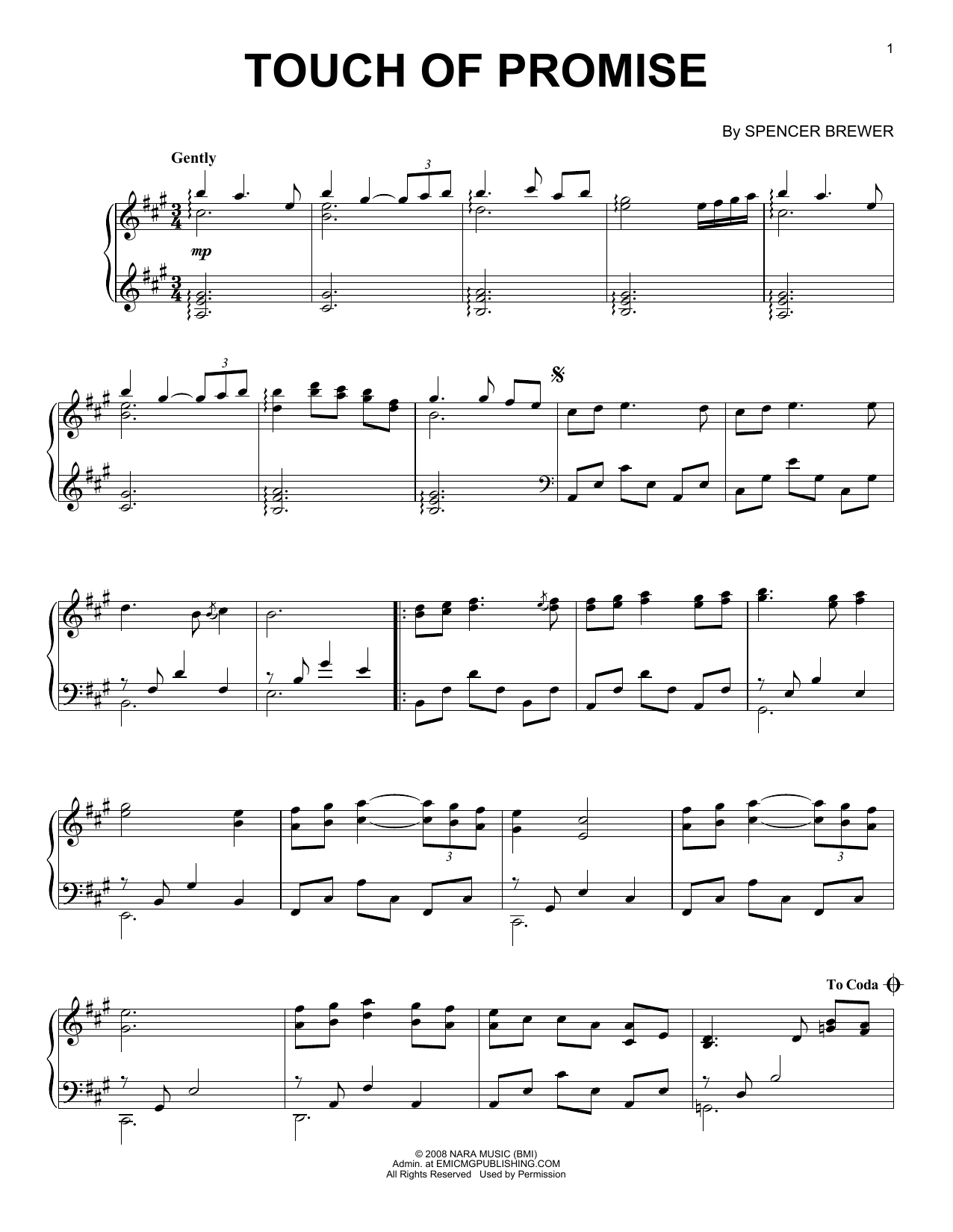 Download Spencer Brewer Touch Of Promise Sheet Music and learn how to play Piano, Vocal & Guitar Chords (Right-Hand Melody) PDF digital score in minutes