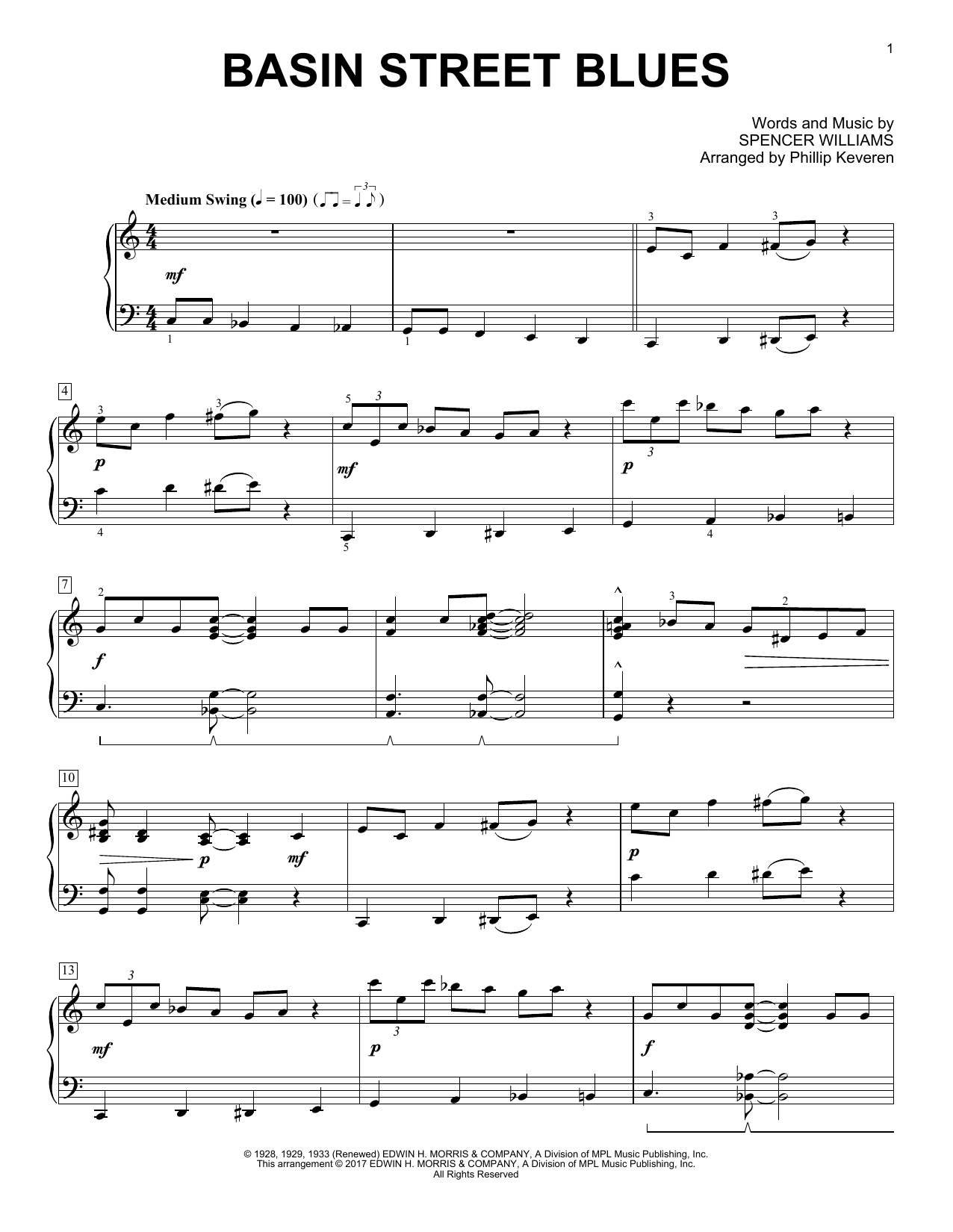 Download Spencer Williams Basin Street Blues (arr. Phillip Keveren) Sheet Music and learn how to play Piano Solo PDF digital score in minutes