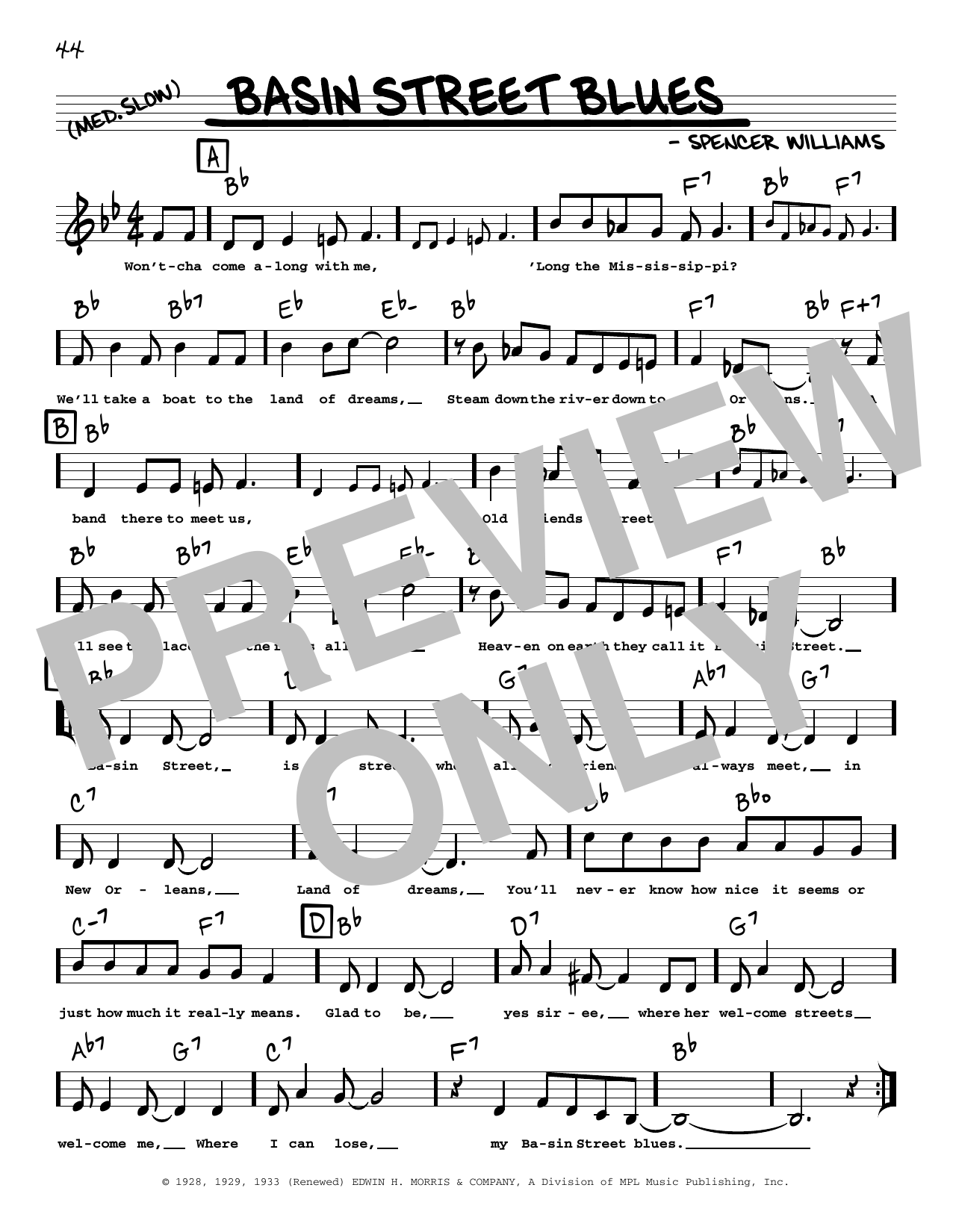 Download Spencer Williams Basin Street Blues (arr. Robert Rawlins) Sheet Music and learn how to play Real Book – Melody, Lyrics & Chords PDF digital score in minutes