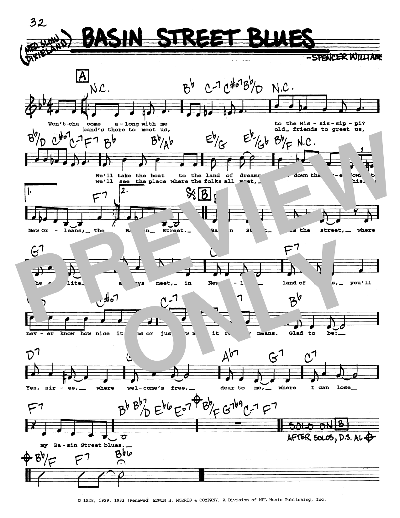 Download Spencer Williams Basin Street Blues (Low Voice) Sheet Music and learn how to play Real Book – Melody, Lyrics & Chords PDF digital score in minutes