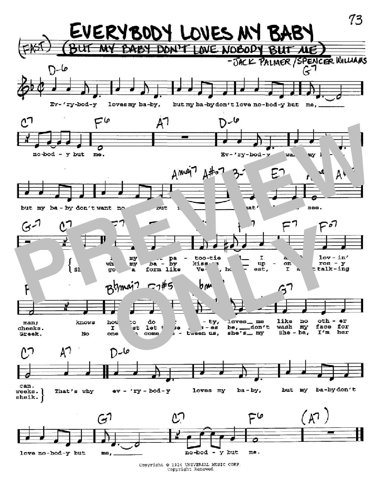 Download Spencer Williams Everybody Loves My Baby (But My Baby Don't Love Nobody But Me) Sheet Music and learn how to play Real Book - Melody, Lyrics & Chords - C Instruments PDF digital score in minutes