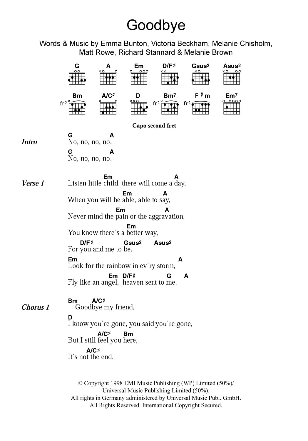 Download Spice Girls Goodbye Sheet Music and learn how to play Guitar Chords/Lyrics PDF digital score in minutes
