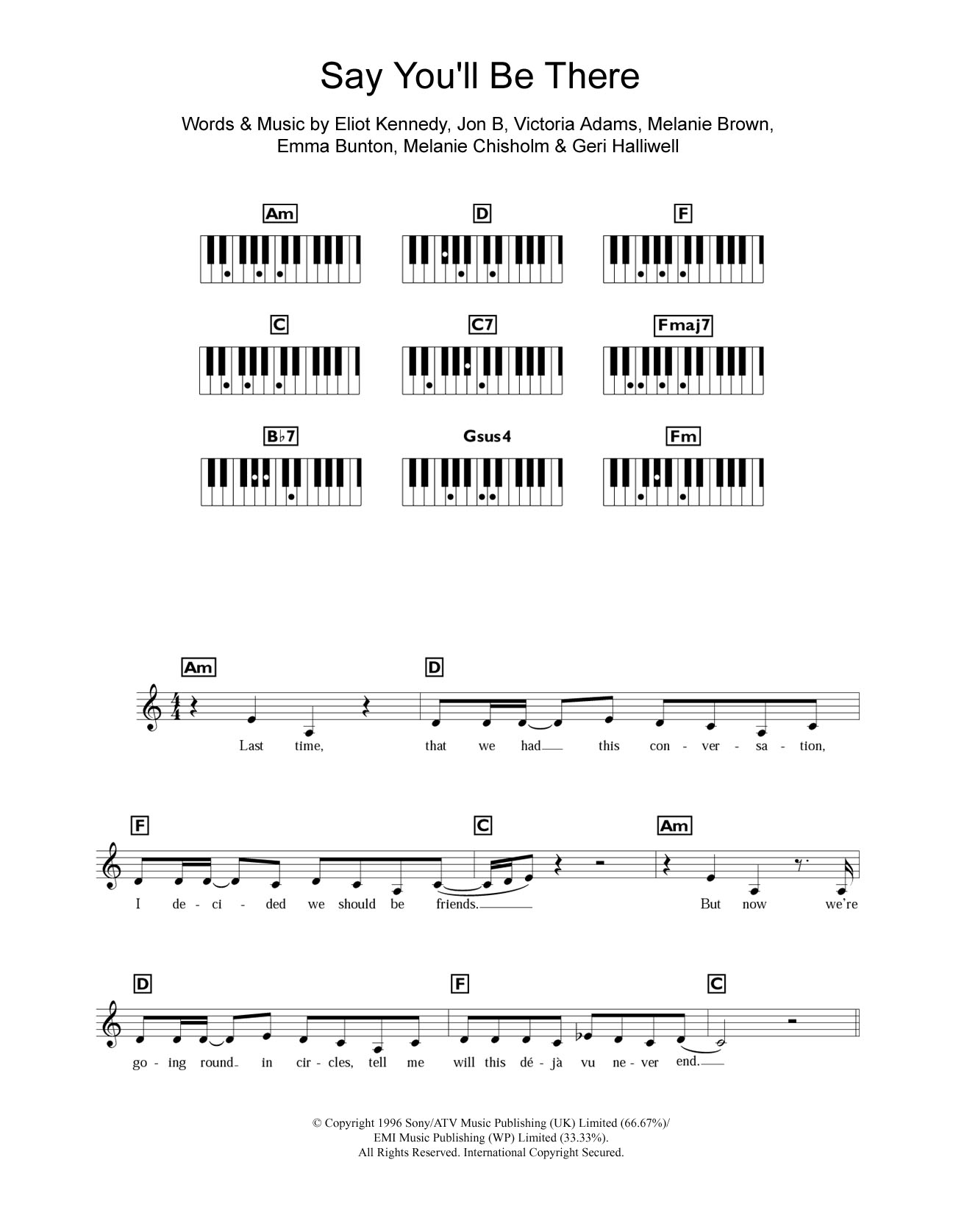 Download Spice Girls Say You'll Be There Sheet Music and learn how to play Piano, Vocal & Guitar Chords (Right-Hand Melody) PDF digital score in minutes