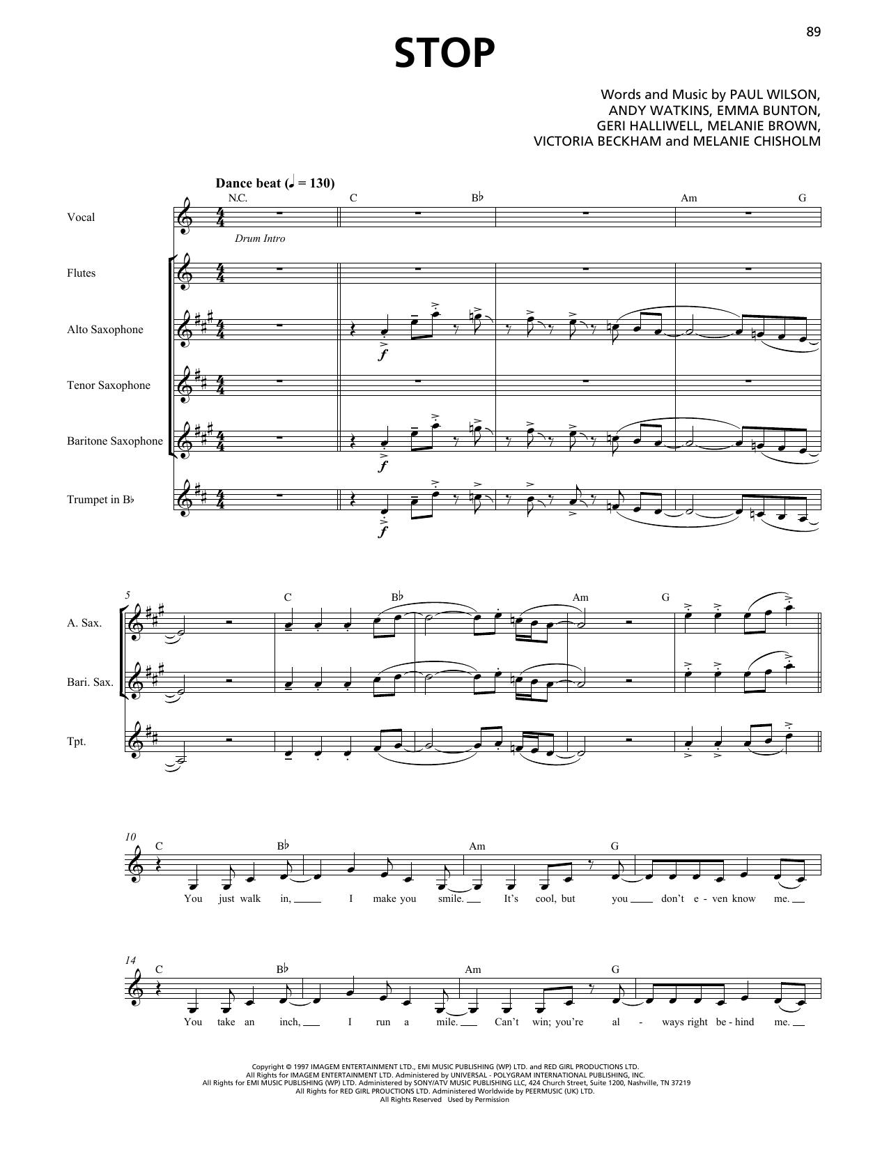 Download Spice Girls Stop (Horn Section) Sheet Music and learn how to play Transcribed Score PDF digital score in minutes