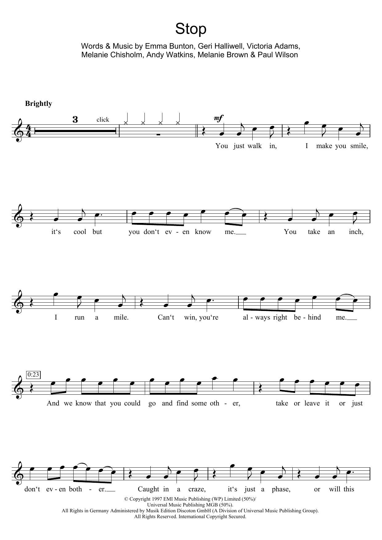 Download The Spice Girls Stop Sheet Music and learn how to play Clarinet PDF digital score in minutes