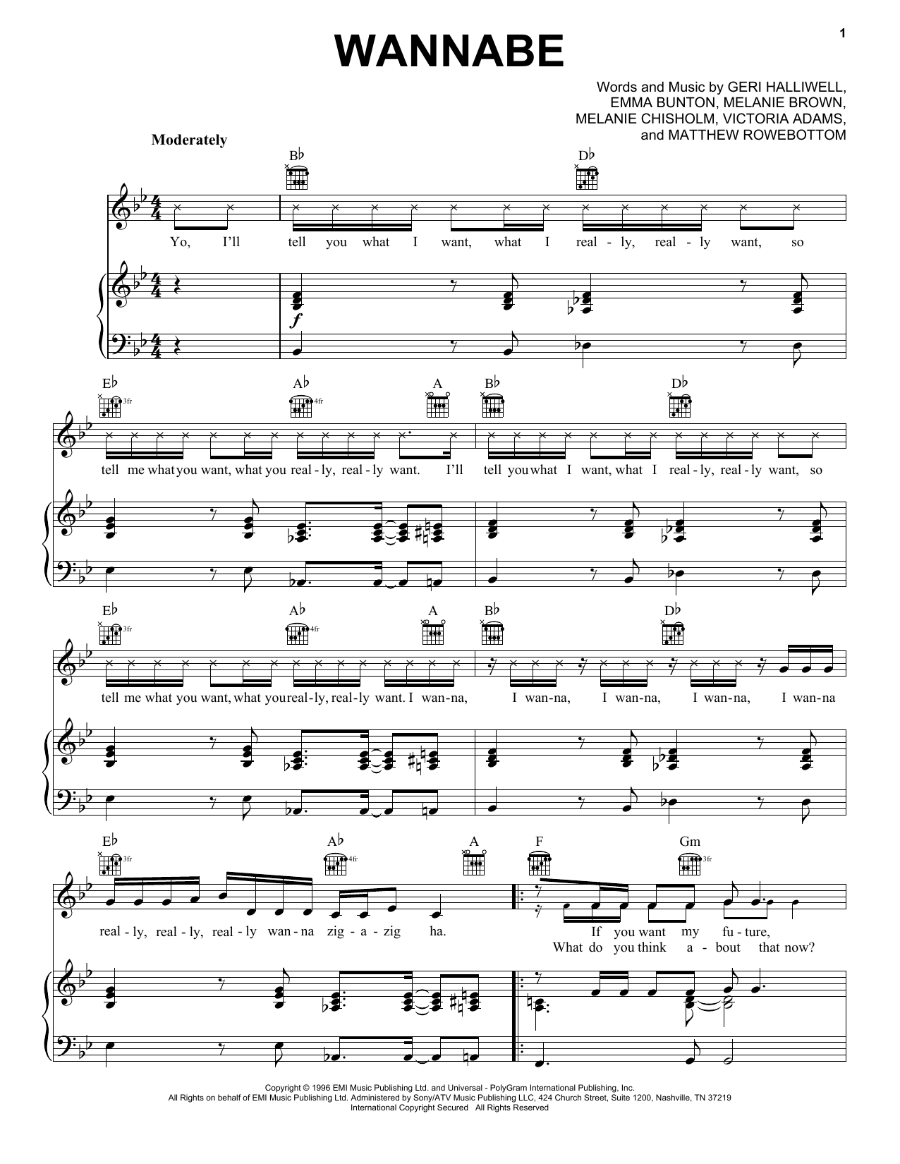 Download The Spice Girls Wannabe Sheet Music and learn how to play Piano, Vocal & Guitar (Right-Hand Melody) PDF digital score in minutes