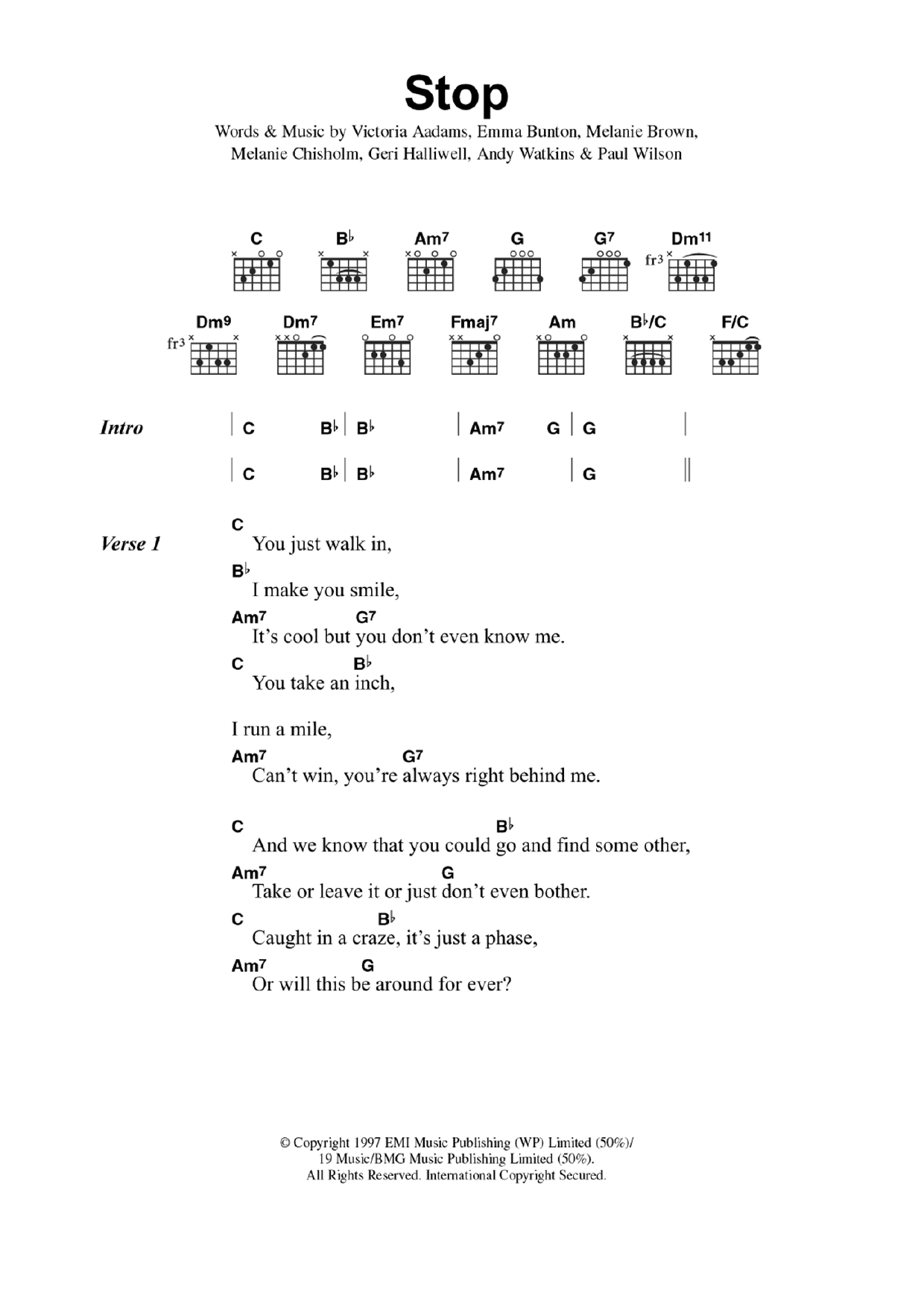 Spice Girls Stop Sheet Music Notes Download Printable Pdf Score 358196