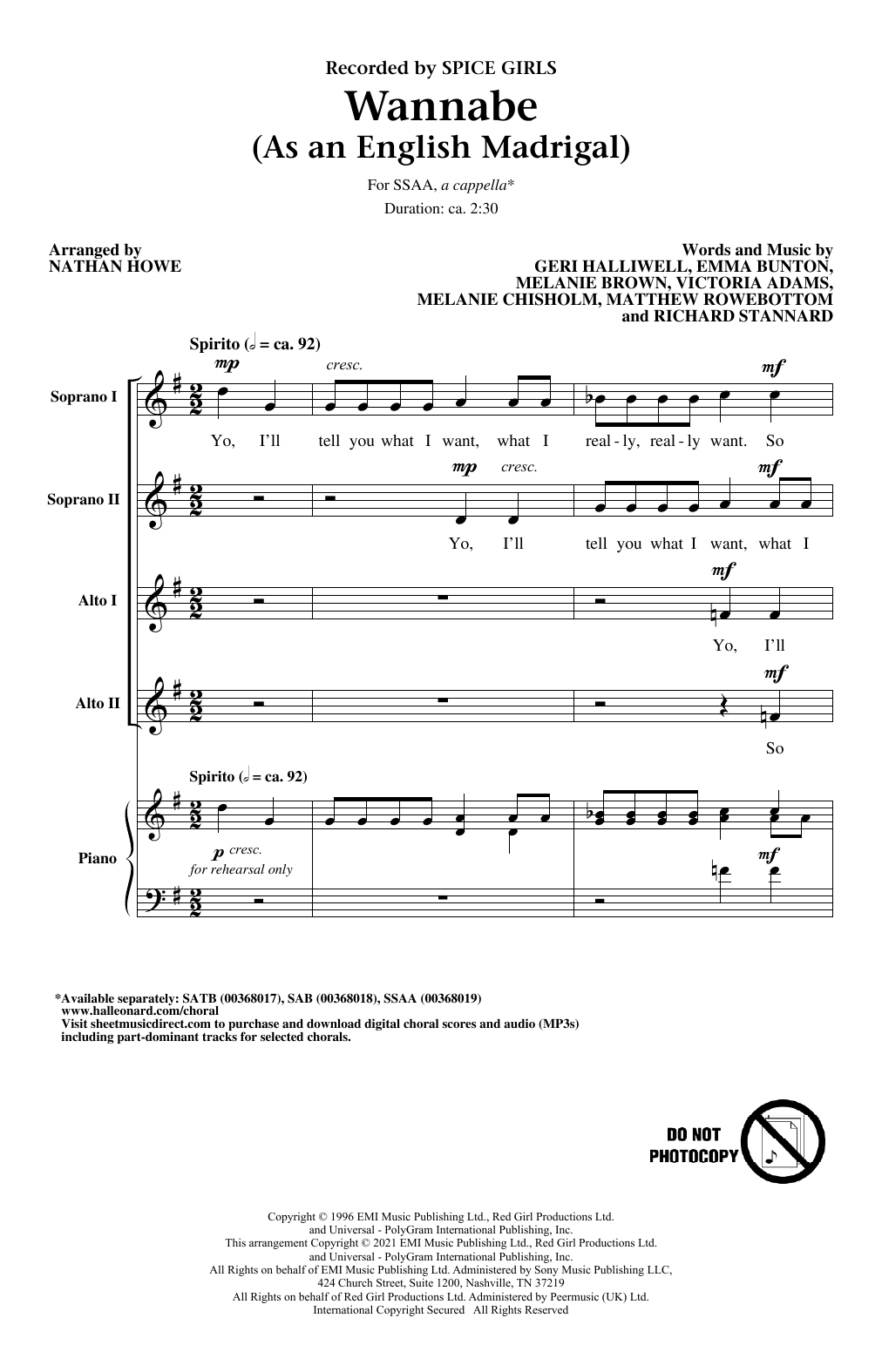 Spice Girls "Wannabe (As an English Madrigal) (arr. Nathan Howe)" Sheet ...