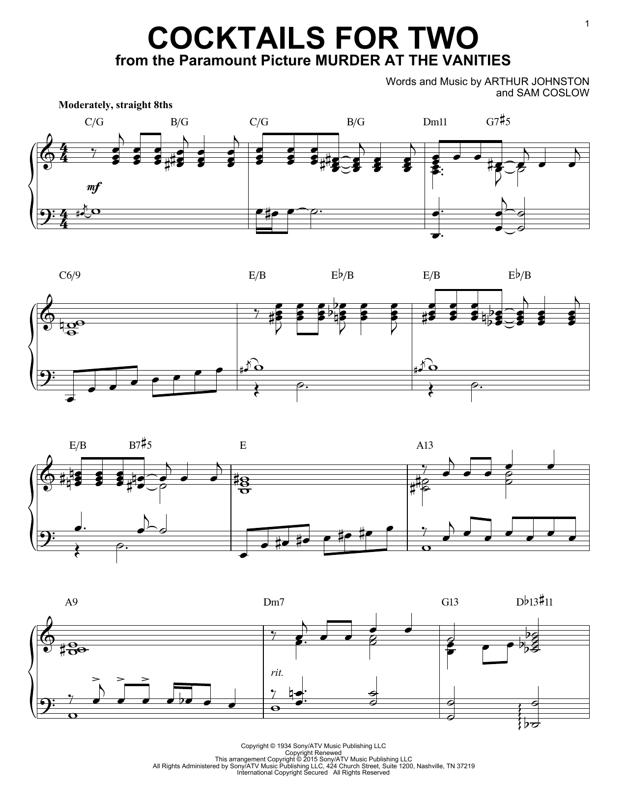 Download Spike Jones and his City Slickers Cocktails For Two Sheet Music and learn how to play Piano PDF digital score in minutes
