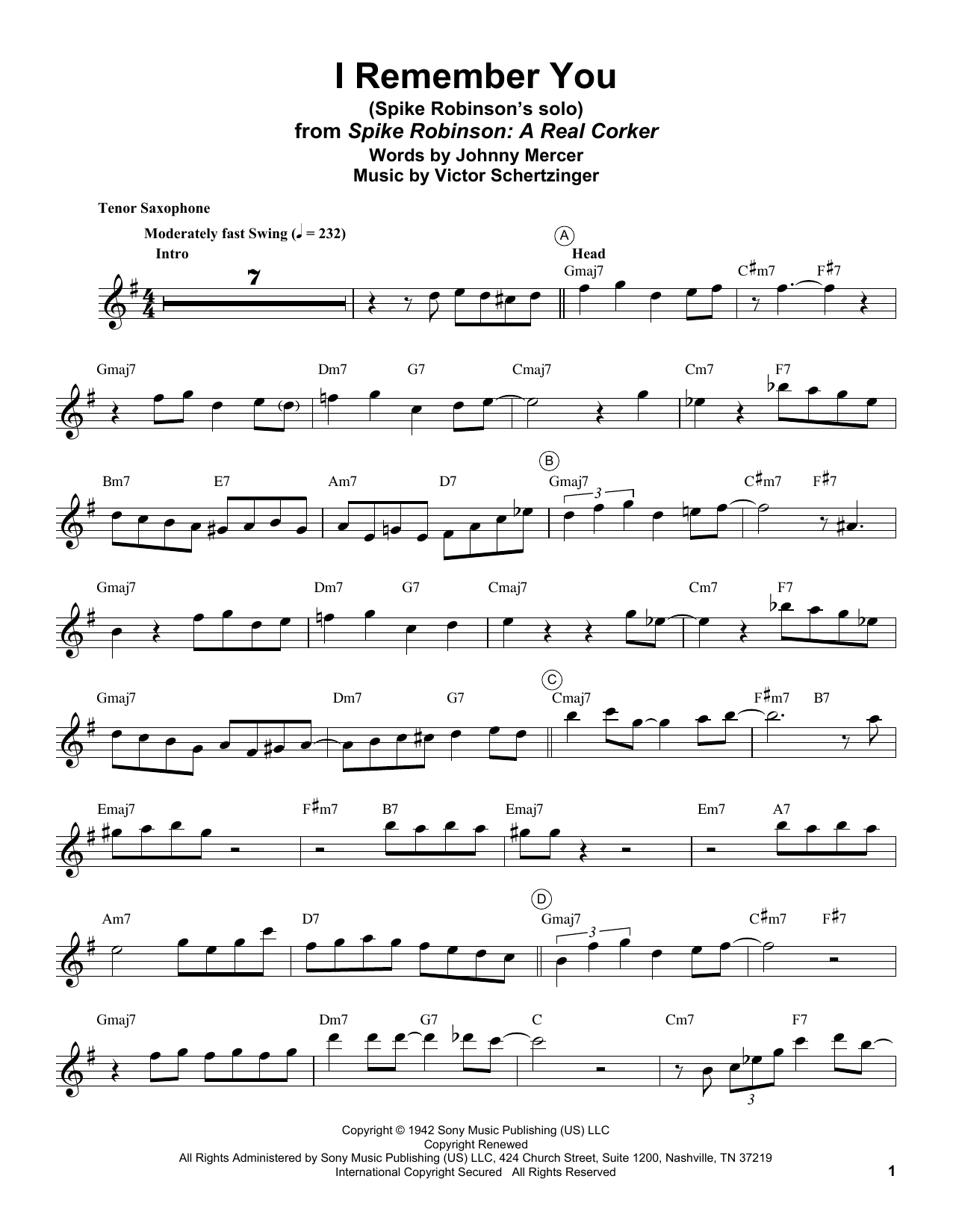 Download Spike Robinson I Remember You Sheet Music and learn how to play Tenor Sax Transcription PDF digital score in minutes