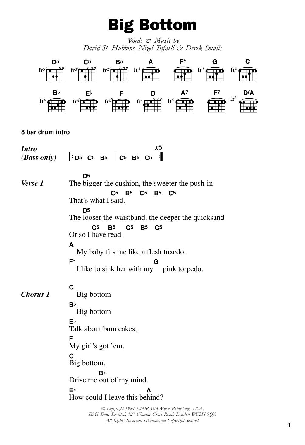 Download Spinal Tap Big Bottom Sheet Music and learn how to play Lyrics & Chords PDF digital score in minutes