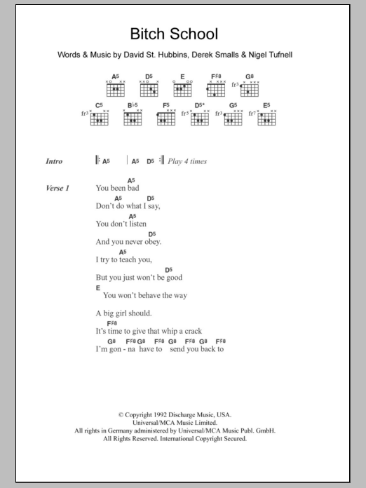 Download Spinal Tap Bitch School Sheet Music and learn how to play Lyrics & Chords PDF digital score in minutes