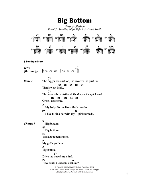 Download Spinal Tap Big Bottom Sheet Music and learn how to play Lyrics & Chords PDF digital score in minutes