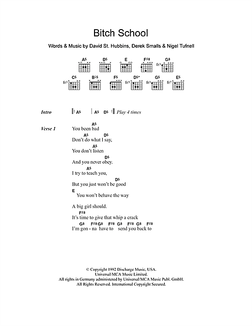 Download Spinal Tap Bitch School Sheet Music and learn how to play Lyrics & Chords PDF digital score in minutes