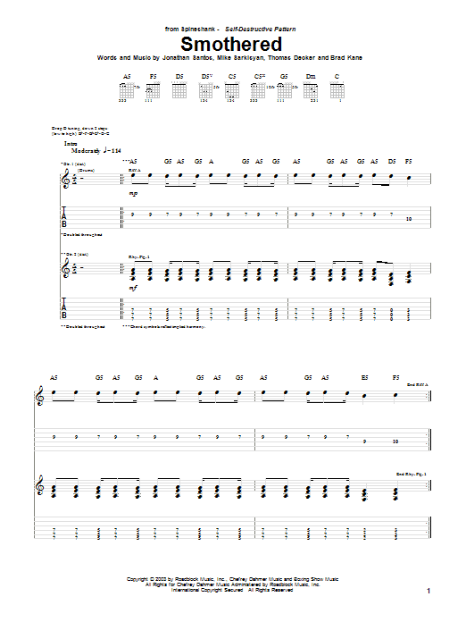 Download Spineshank Smothered Sheet Music and learn how to play Guitar Tab PDF digital score in minutes