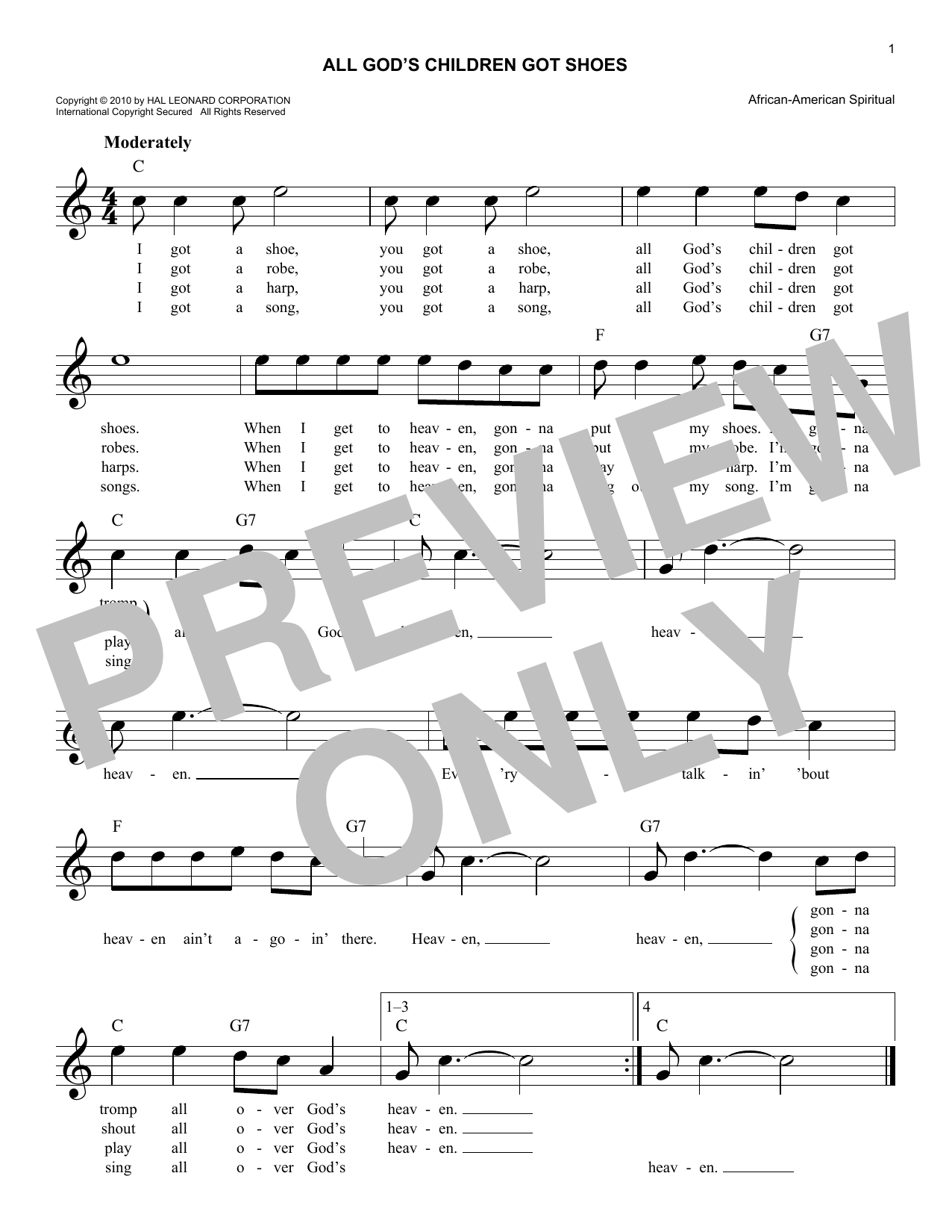 Download Spiritual All God's Children Got Shoes Sheet Music and learn how to play Melody Line, Lyrics & Chords PDF digital score in minutes
