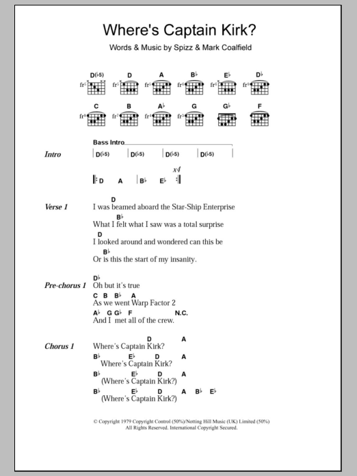 Download Spizz Energi Where's Captain Kirk? Sheet Music and learn how to play Lyrics & Chords PDF digital score in minutes