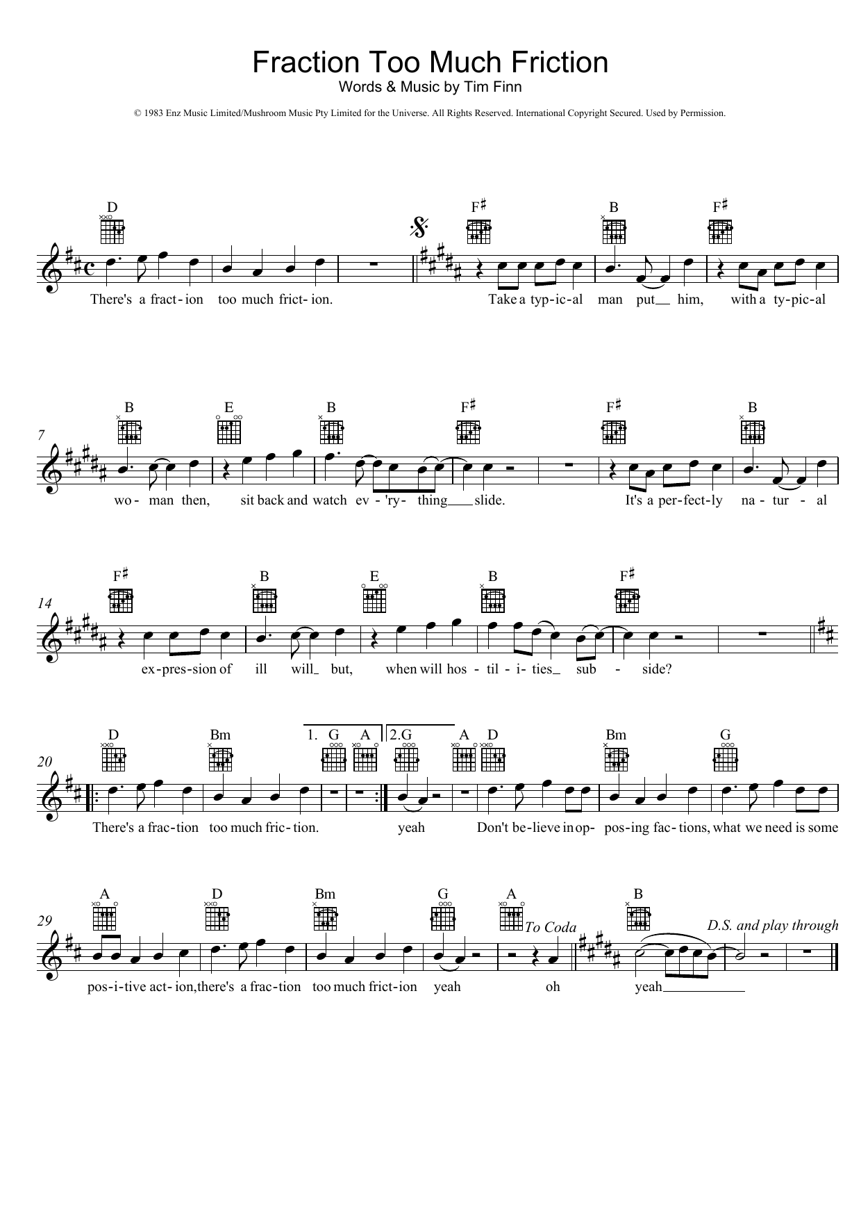 Download Split Enz Fraction Too Much Friction Sheet Music and learn how to play Melody Line, Lyrics & Chords PDF digital score in minutes