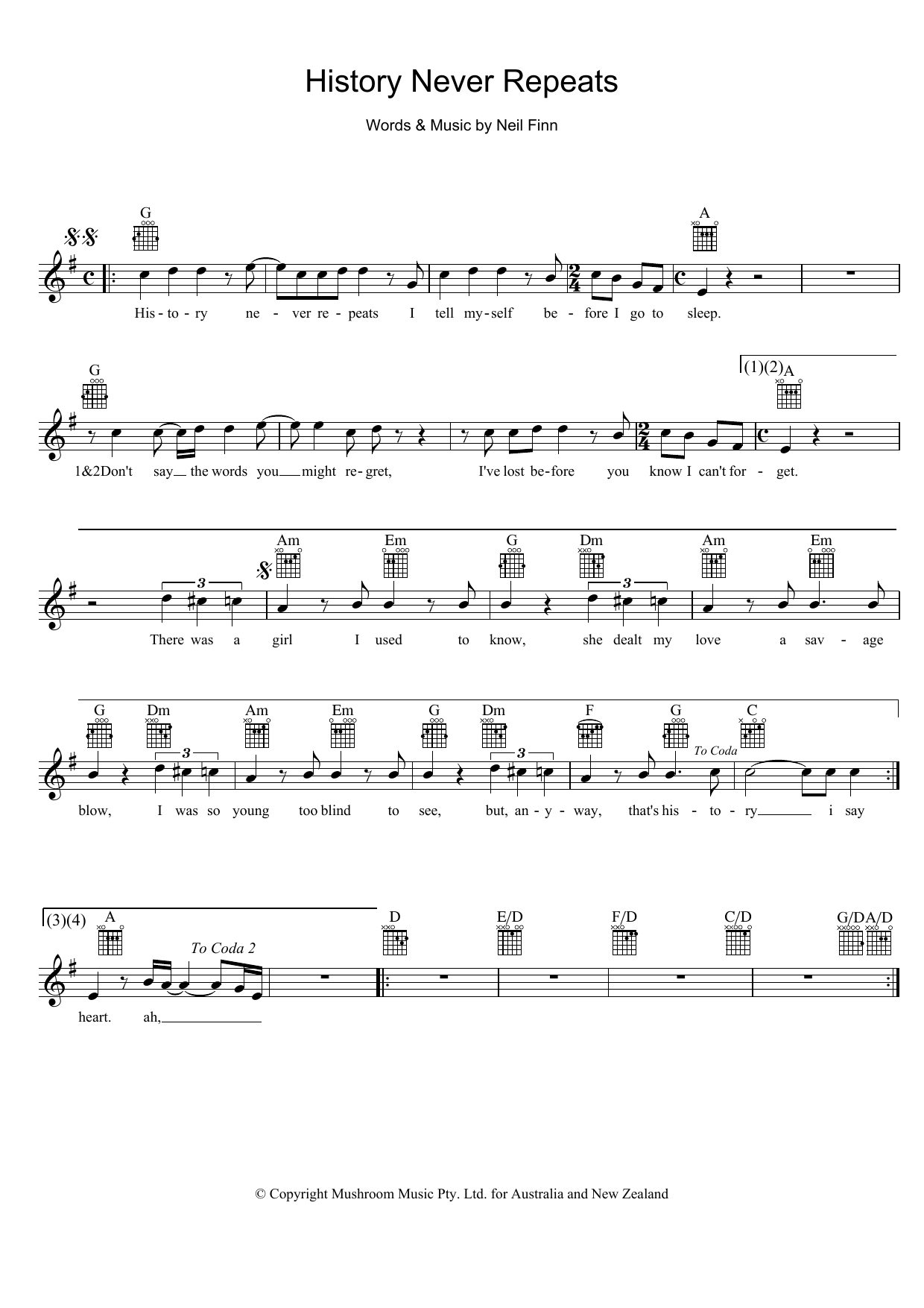 Download Split Enz History Never Repeats Sheet Music and learn how to play Melody Line, Lyrics & Chords PDF digital score in minutes
