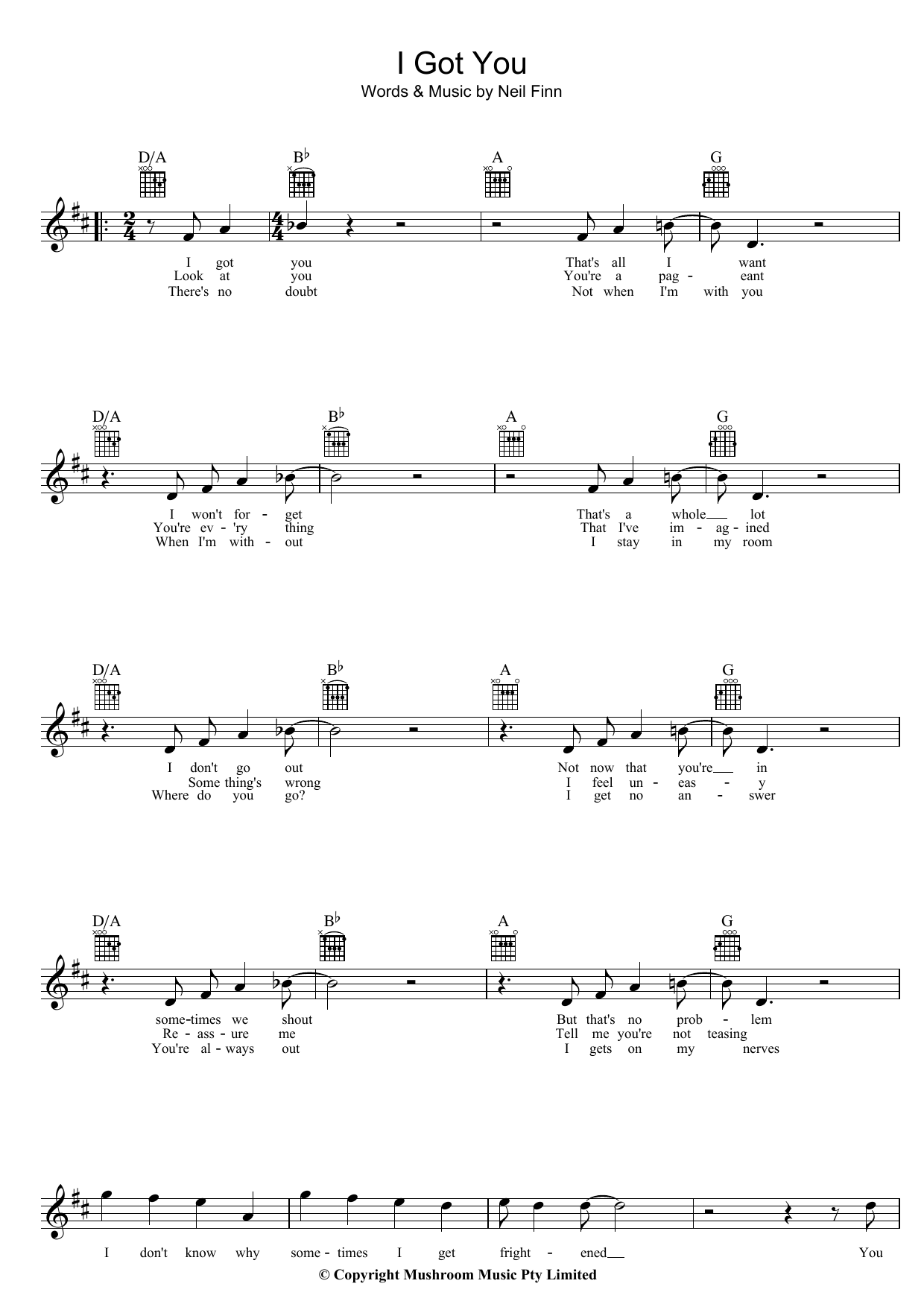 Download Split Enz I Got You Sheet Music and learn how to play Melody Line, Lyrics & Chords PDF digital score in minutes