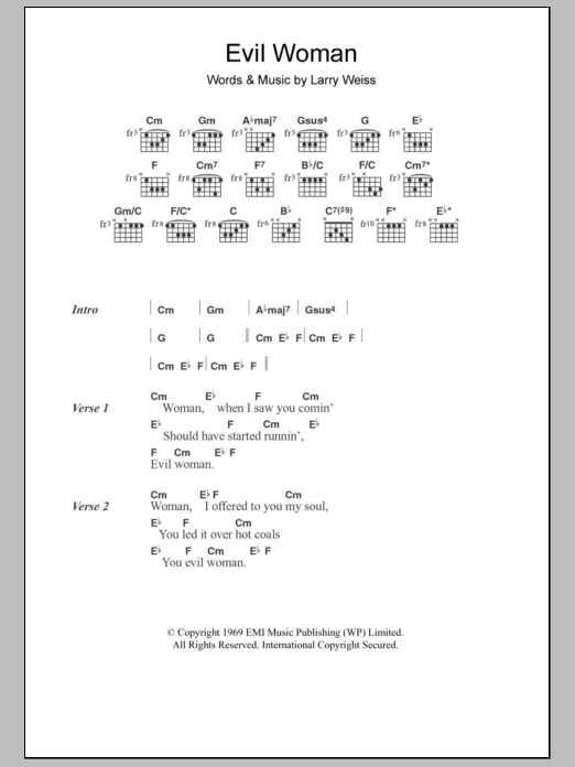 Download Spooky Tooth Evil Woman Sheet Music and learn how to play Lyrics & Chords PDF digital score in minutes