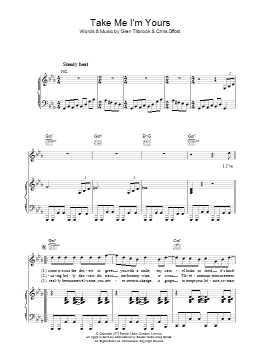 Download Squeeze Take Me I'm Yours Sheet Music and learn how to play Piano, Vocal & Guitar PDF digital score in minutes