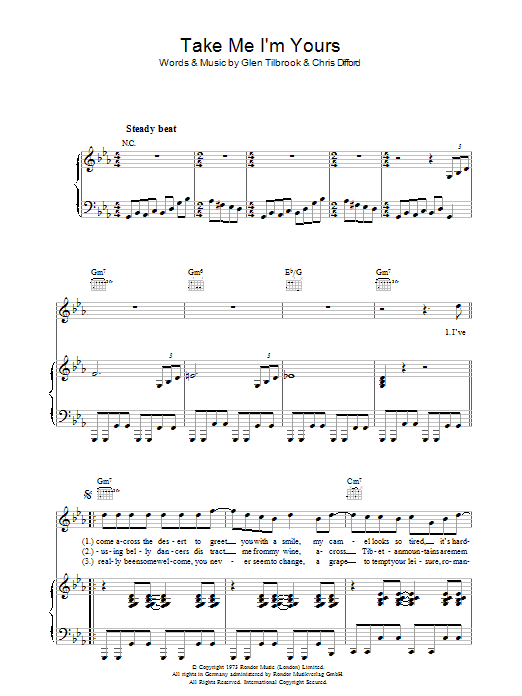 Download Squeeze Take Me I'm Yours Sheet Music and learn how to play Lyrics & Chords PDF digital score in minutes