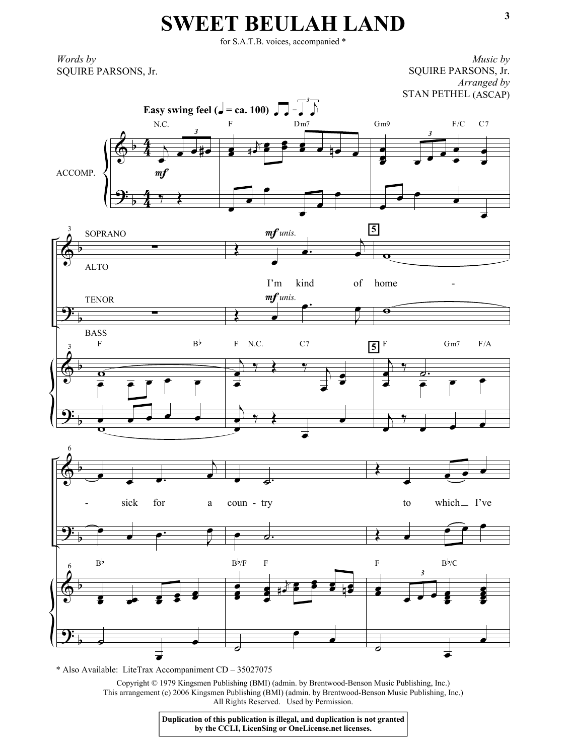 Download Squire Parsons Sweet Beulah Land (arr. Stan Pethel) Sheet Music and learn how to play SATB Choir PDF digital score in minutes