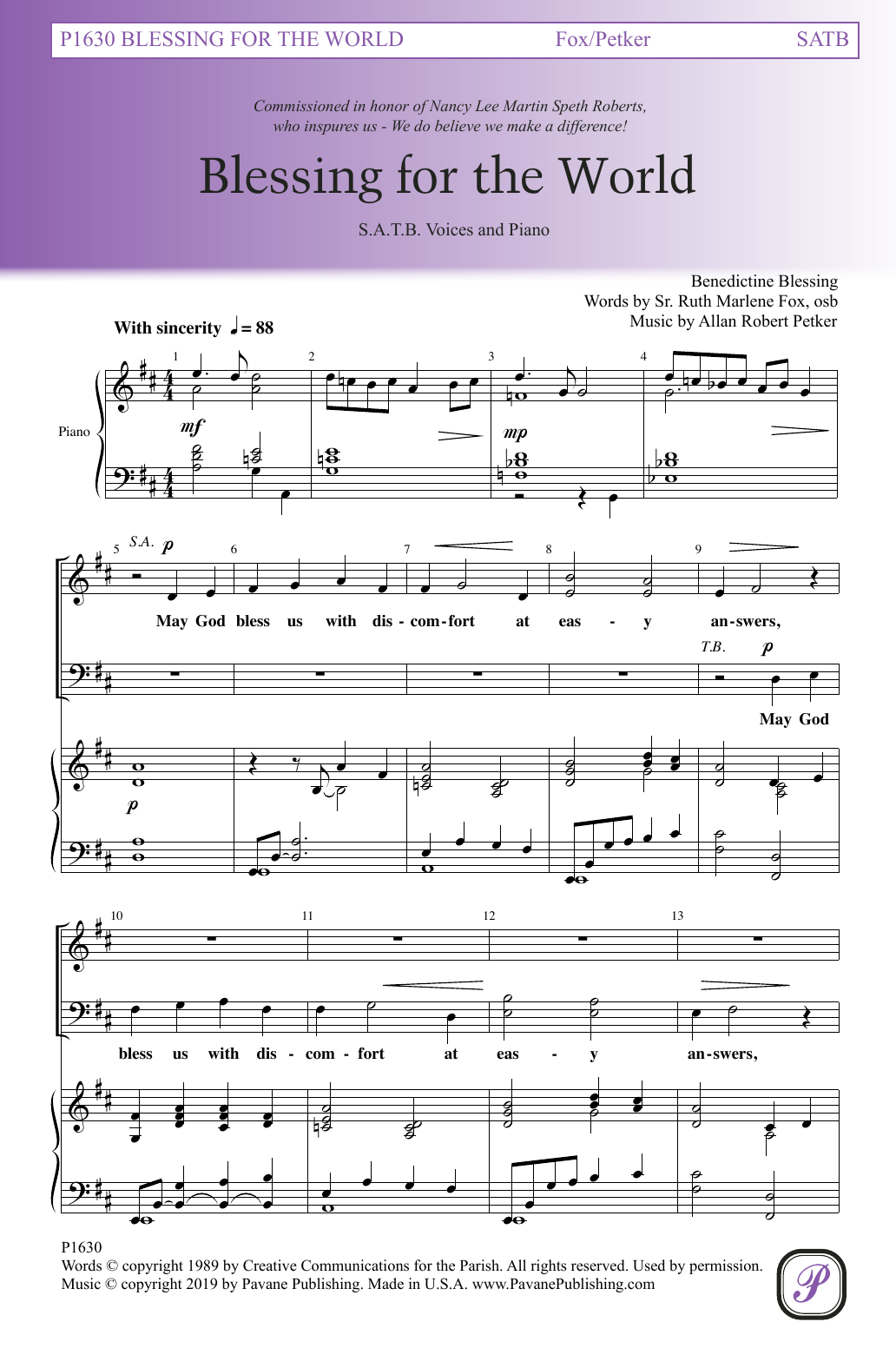 Download Sr. Ruth Marlene Fox and Allan Robert Petker Blessing For The World Sheet Music and learn how to play SATB Choir PDF digital score in minutes