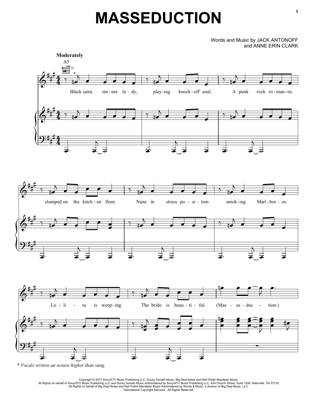 Download St. Vincent Masseduction Sheet Music and learn how to play Piano, Vocal & Guitar Chords (Right-Hand Melody) PDF digital score in minutes